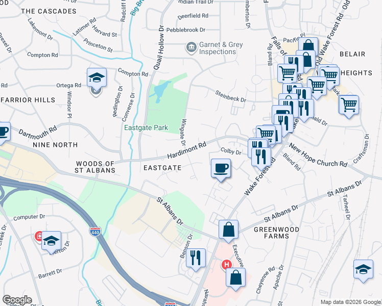 map of restaurants, bars, coffee shops, grocery stores, and more near 1100 Hardimont Road in Raleigh