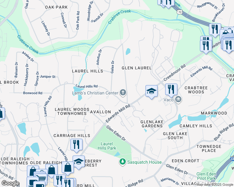 map of restaurants, bars, coffee shops, grocery stores, and more near 4505 Laurel Hills Road in Raleigh