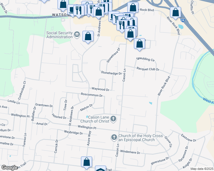 map of restaurants, bars, coffee shops, grocery stores, and more near 1011 Woodline Circle in Murfreesboro