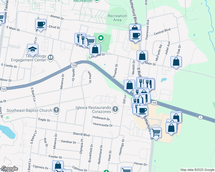 map of restaurants, bars, coffee shops, grocery stores, and more near 2202 U.S. 70S in Murfreesboro
