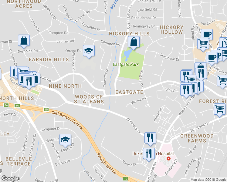map of restaurants, bars, coffee shops, grocery stores, and more near 3905 Quail Hollow Drive in Raleigh