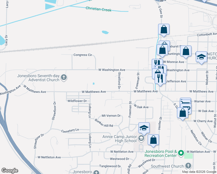 map of restaurants, bars, coffee shops, grocery stores, and more near 629 West Oak Avenue in Jonesboro