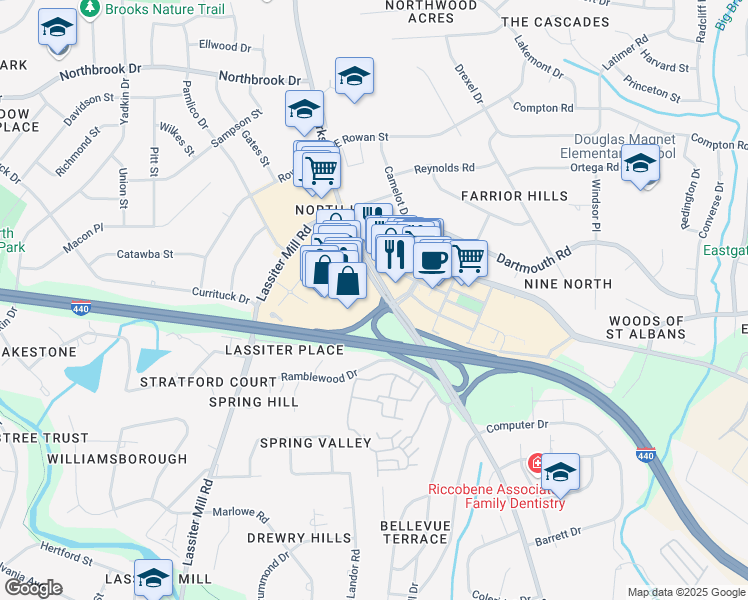 map of restaurants, bars, coffee shops, grocery stores, and more near 4150 The Circle At North Hills Street in Raleigh