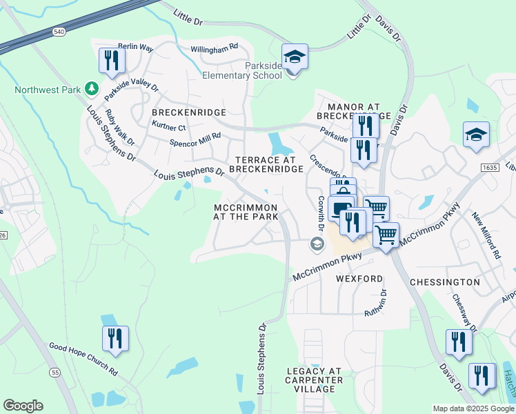 map of restaurants, bars, coffee shops, grocery stores, and more near 114 Marengo Drive in Morrisville