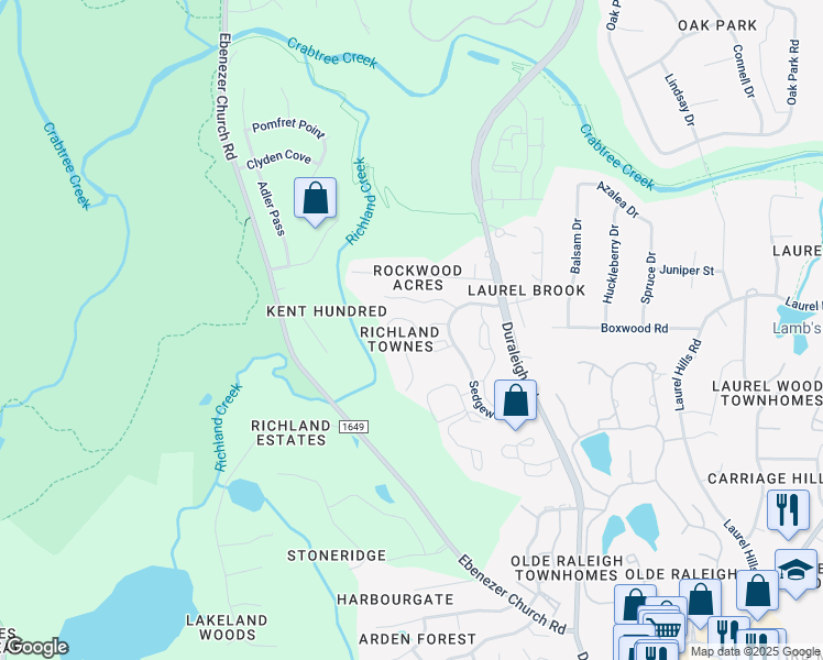 map of restaurants, bars, coffee shops, grocery stores, and more near 4601 Fawnbrook Circle in Raleigh
