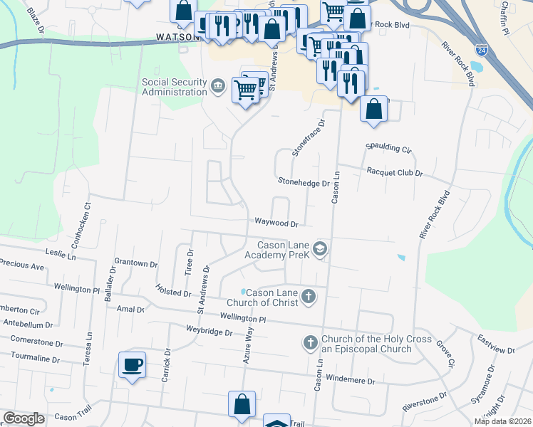 map of restaurants, bars, coffee shops, grocery stores, and more near 1083 Woodline Circle in Murfreesboro