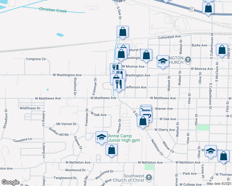 map of restaurants, bars, coffee shops, grocery stores, and more near 717 South Gee Street in Jonesboro