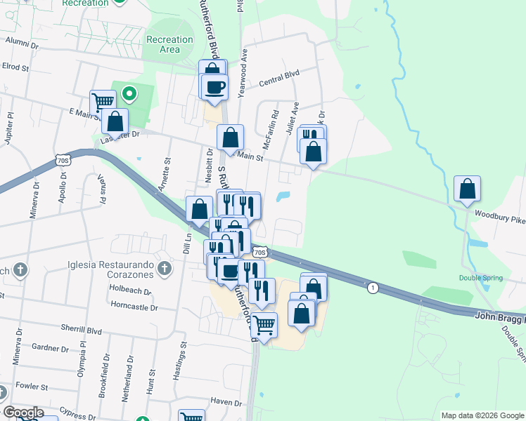 map of restaurants, bars, coffee shops, grocery stores, and more near 2426 East Main Street in Murfreesboro