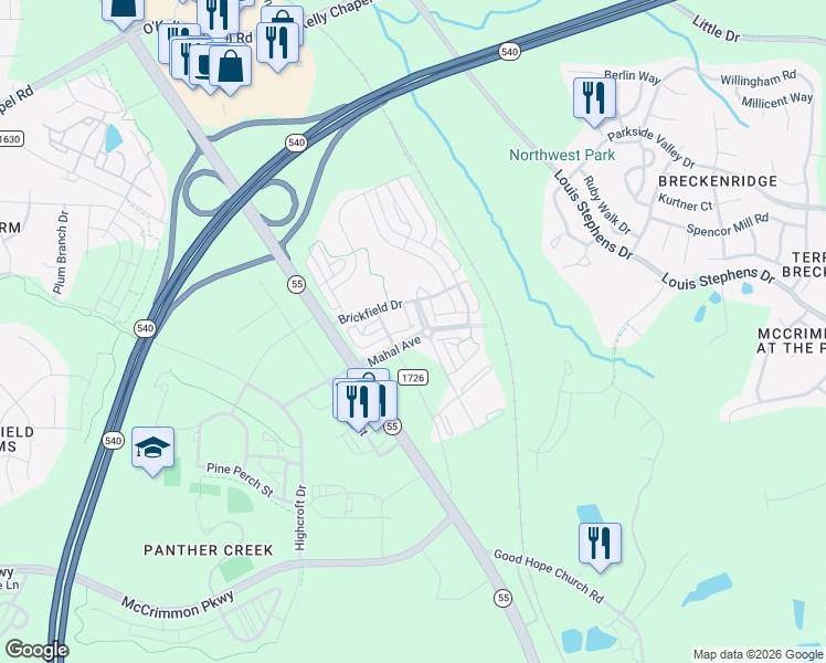 map of restaurants, bars, coffee shops, grocery stores, and more near 4117 Mahal Avenue in Cary