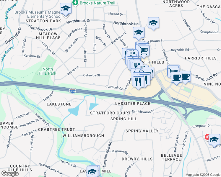 map of restaurants, bars, coffee shops, grocery stores, and more near 609 Currituck Drive in Raleigh