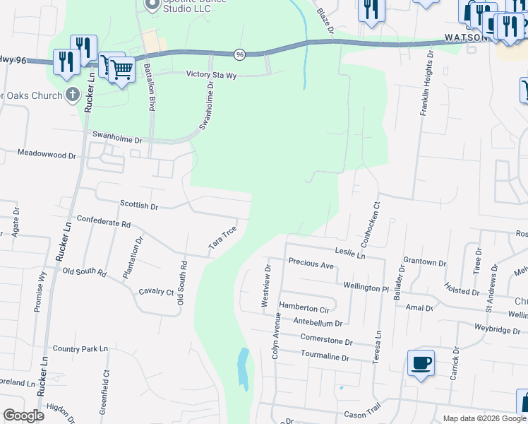 map of restaurants, bars, coffee shops, grocery stores, and more near 4314 Scottish Drive in Murfreesboro