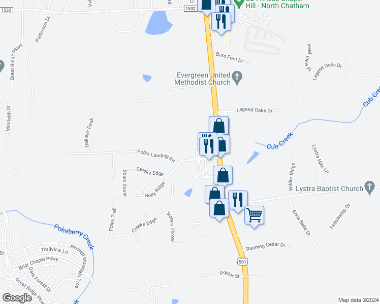 map of restaurants, bars, coffee shops, grocery stores, and more near 114 Polks Village Lane in Chapel Hill