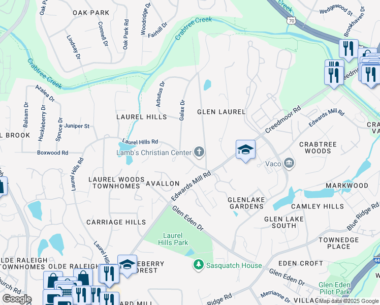 map of restaurants, bars, coffee shops, grocery stores, and more near 4505 Laurel Hills Road in Raleigh