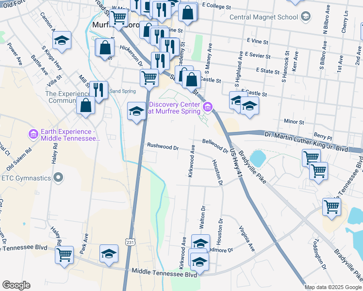 map of restaurants, bars, coffee shops, grocery stores, and more near 303 Rushwood Drive in Murfreesboro