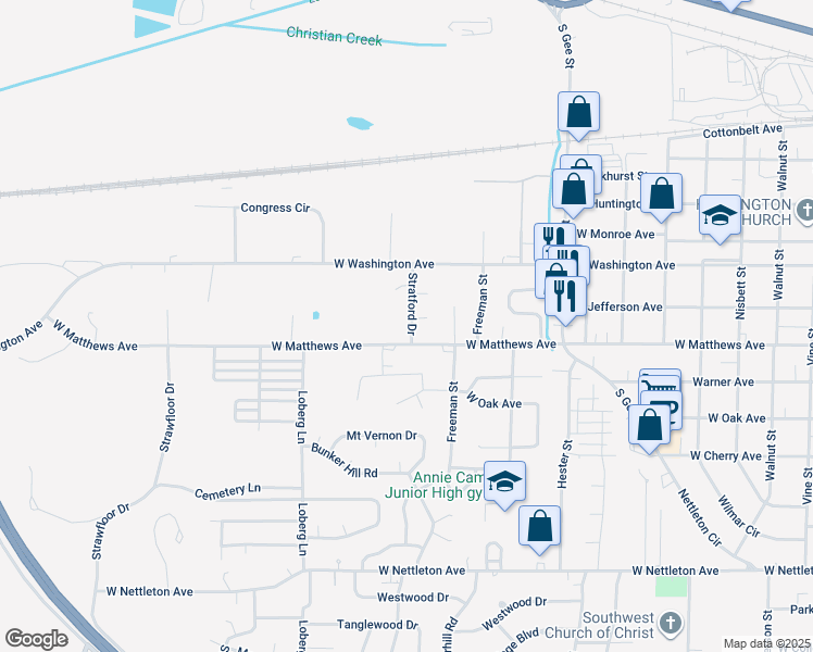 map of restaurants, bars, coffee shops, grocery stores, and more near 703 Stratford Drive in Jonesboro
