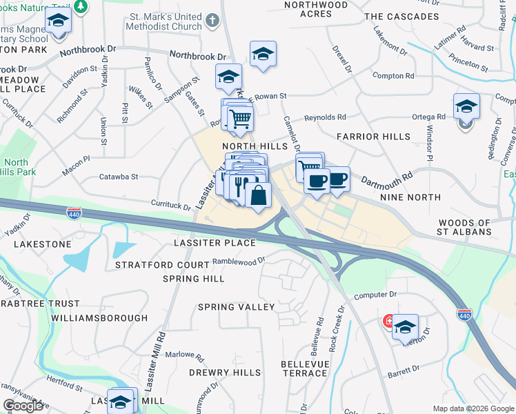 map of restaurants, bars, coffee shops, grocery stores, and more near 4150 Main at North Hills Street in Raleigh