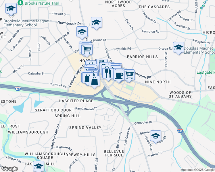 map of restaurants, bars, coffee shops, grocery stores, and more near 4150 The Circle At North Hills Street in Raleigh