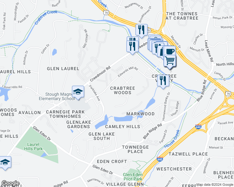 map of restaurants, bars, coffee shops, grocery stores, and more near 4701 Fargo Court in Raleigh