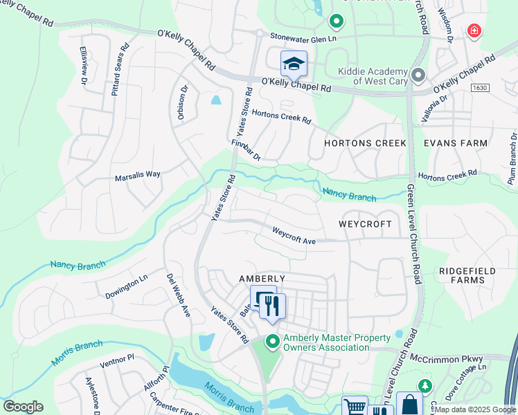 map of restaurants, bars, coffee shops, grocery stores, and more near 849 Bristol Bridge Drive in Cary