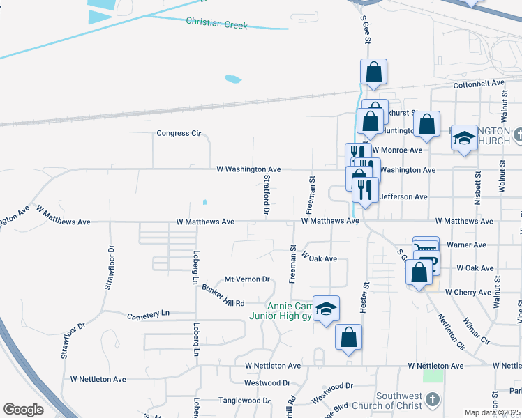 map of restaurants, bars, coffee shops, grocery stores, and more near 703 Stratford Drive in Jonesboro