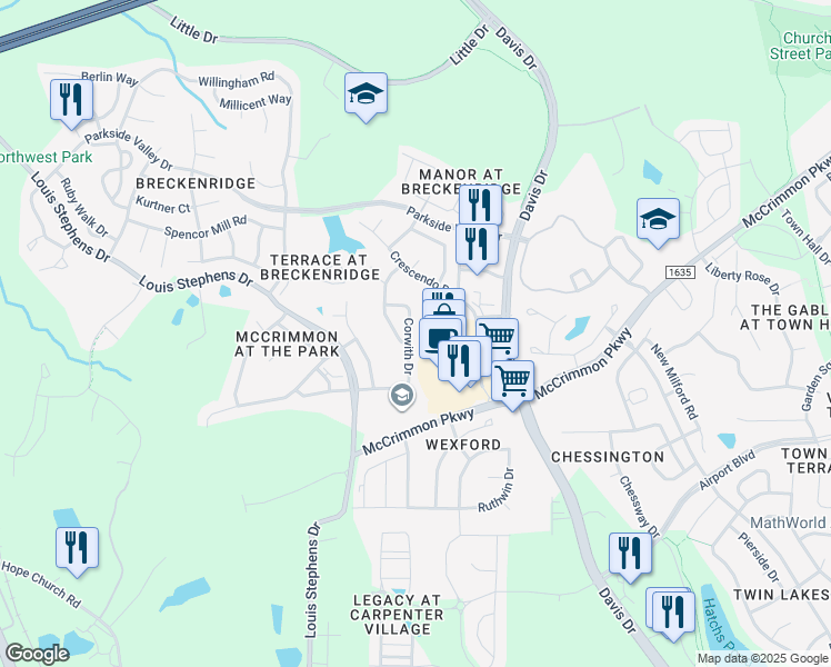 map of restaurants, bars, coffee shops, grocery stores, and more near 1401 Corwith Drive in Morrisville