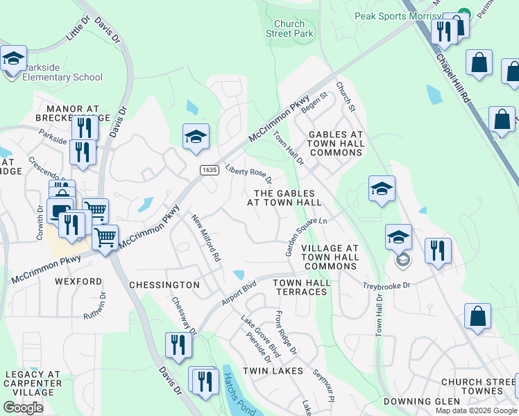 map of restaurants, bars, coffee shops, grocery stores, and more near 5835 Family Farm Road in Morrisville