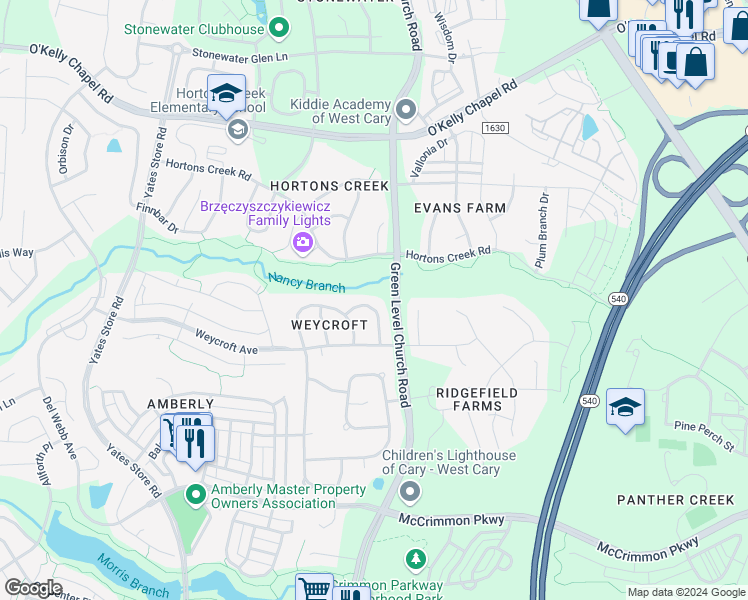 map of restaurants, bars, coffee shops, grocery stores, and more near 512 Foxdale Ridge Drive in Cary