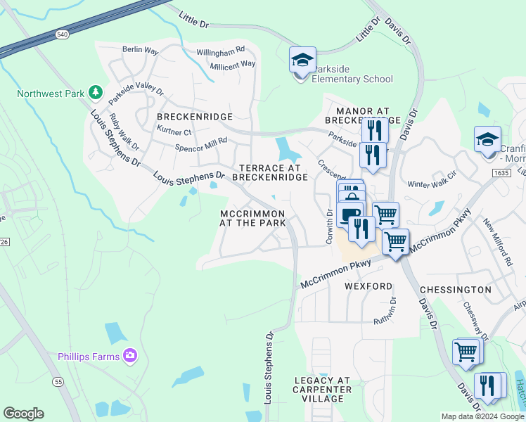 map of restaurants, bars, coffee shops, grocery stores, and more near 112 Marengo Drive in Morrisville