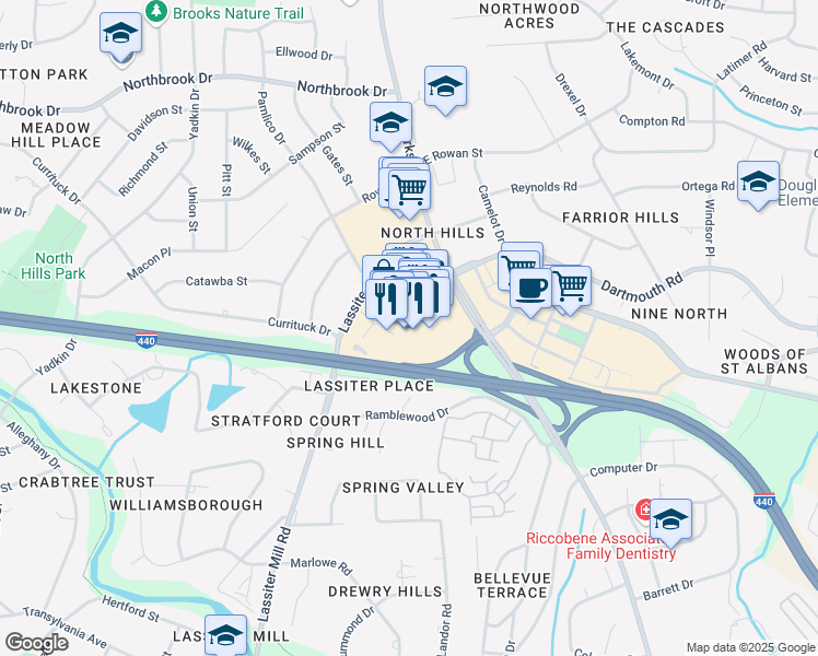 map of restaurants, bars, coffee shops, grocery stores, and more near 4120 Main Street in Raleigh