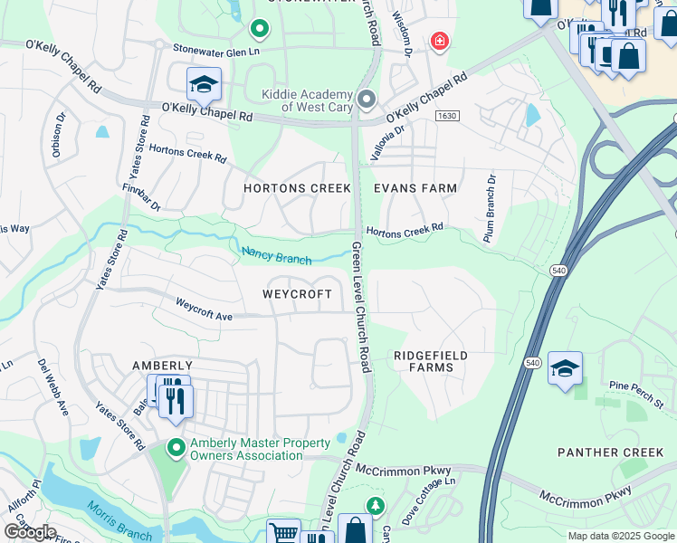 map of restaurants, bars, coffee shops, grocery stores, and more near 512 Foxdale Ridge Drive in Cary