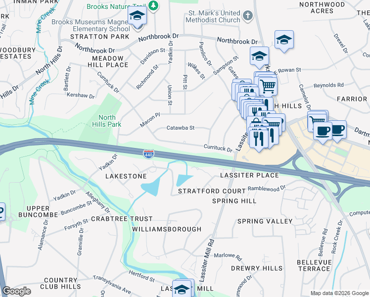 map of restaurants, bars, coffee shops, grocery stores, and more near 729 Currituck Drive in Raleigh