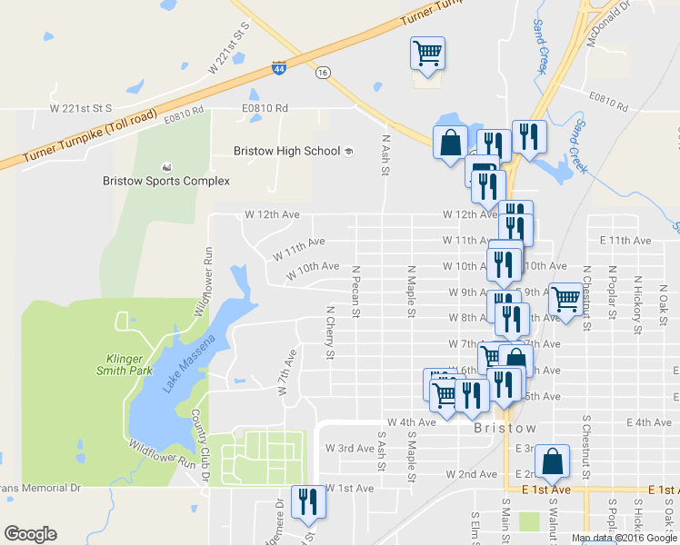 map of restaurants, bars, coffee shops, grocery stores, and more near 550 West 10th Avenue in Bristow