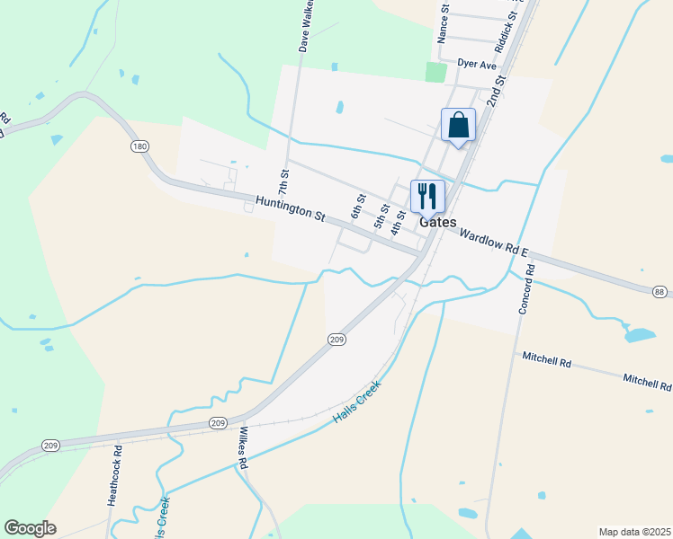 map of restaurants, bars, coffee shops, grocery stores, and more near 118 Bells Alley in Gates