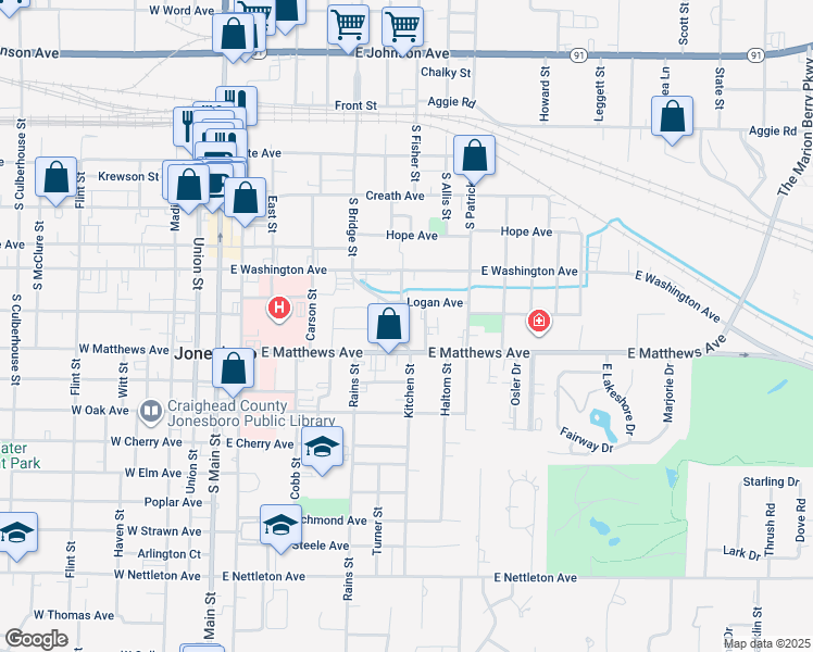 map of restaurants, bars, coffee shops, grocery stores, and more near 720 Kitchen Street in Jonesboro