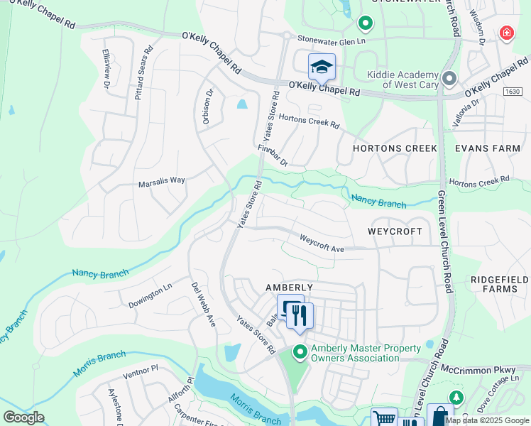 map of restaurants, bars, coffee shops, grocery stores, and more near 813 Bristol Bridge Drive in Cary