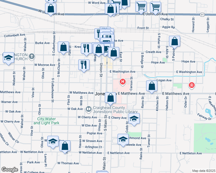 map of restaurants, bars, coffee shops, grocery stores, and more near 700 South Main Street in Jonesboro