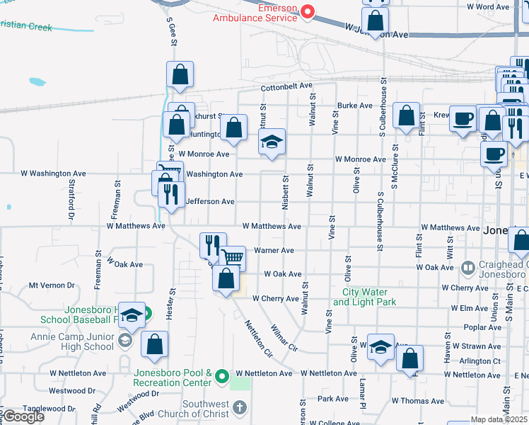 map of restaurants, bars, coffee shops, grocery stores, and more near 710 Chestnut Street in Jonesboro