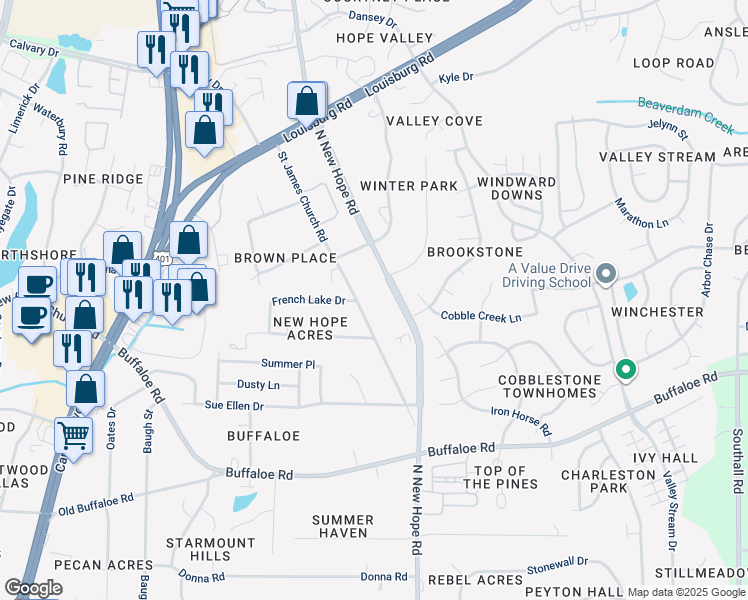map of restaurants, bars, coffee shops, grocery stores, and more near 4100 Saint James Church Road in Raleigh