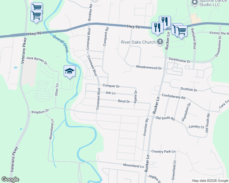 map of restaurants, bars, coffee shops, grocery stores, and more near 4848 Ark Lane in Murfreesboro