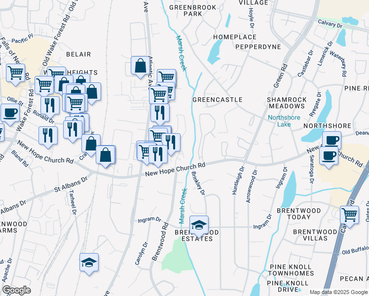 map of restaurants, bars, coffee shops, grocery stores, and more near 3810 Brentwood Road in Raleigh