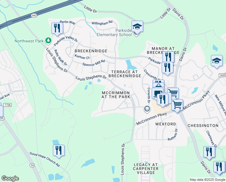 map of restaurants, bars, coffee shops, grocery stores, and more near 809 Delaronde Lane in Morrisville
