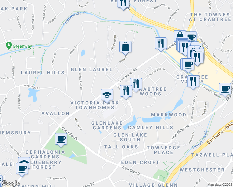 map of restaurants, bars, coffee shops, grocery stores, and more near 4251 Parklake Avenue in Raleigh