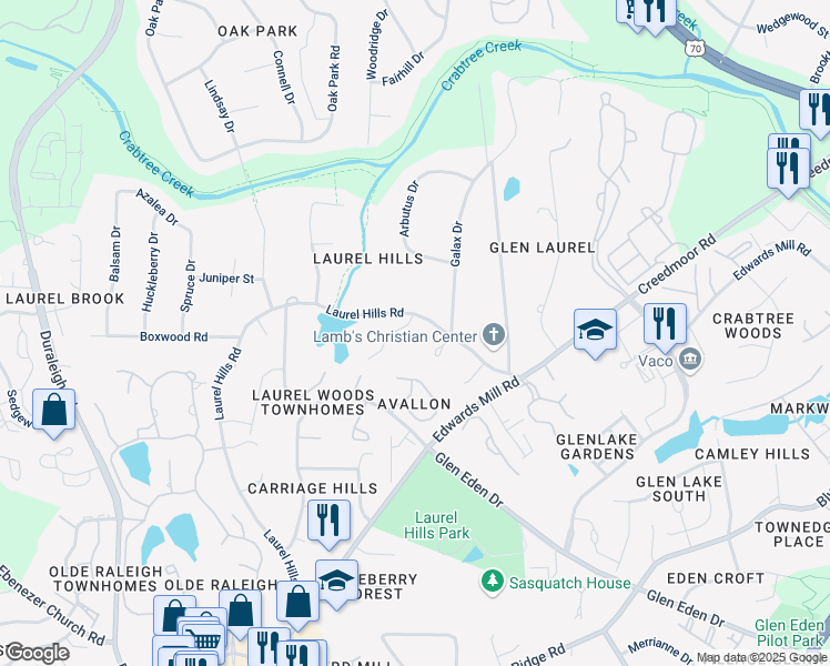 map of restaurants, bars, coffee shops, grocery stores, and more near 3924 Rhododendron Drive in Raleigh