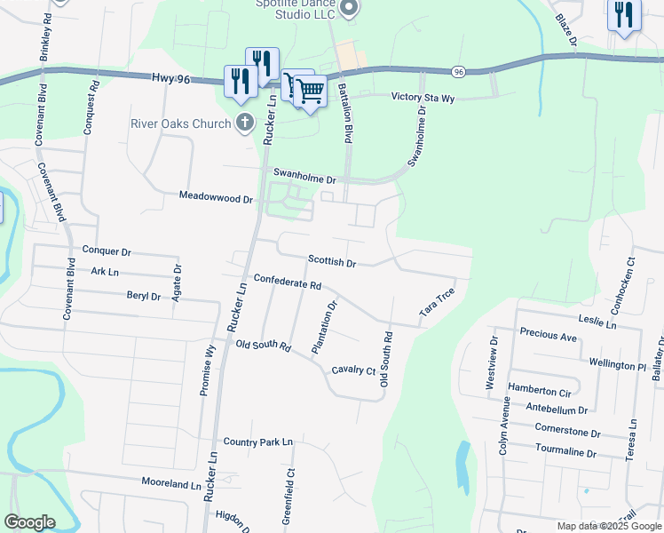 map of restaurants, bars, coffee shops, grocery stores, and more near 4511 Scottish Drive in Murfreesboro