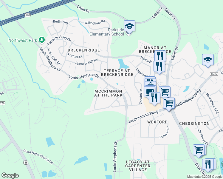 map of restaurants, bars, coffee shops, grocery stores, and more near 114 Marengo Drive in Morrisville