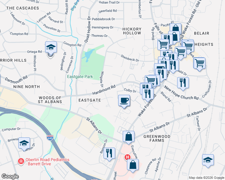 map of restaurants, bars, coffee shops, grocery stores, and more near 1100 Hardimont Road in Raleigh