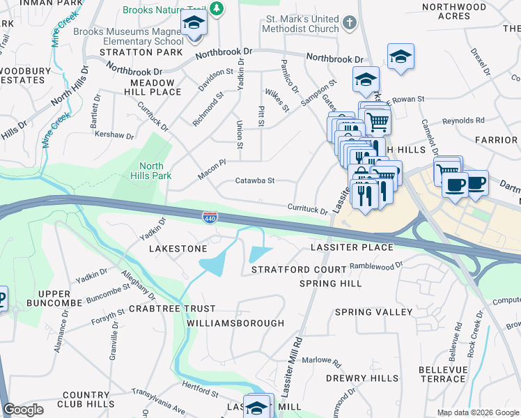 map of restaurants, bars, coffee shops, grocery stores, and more near 729 Currituck Drive in Raleigh