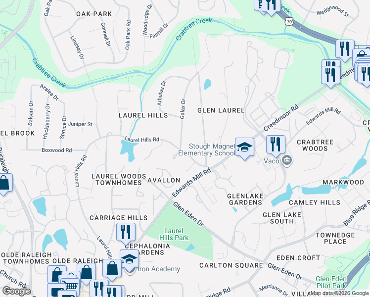 map of restaurants, bars, coffee shops, grocery stores, and more near 4100 Galax Drive in Raleigh