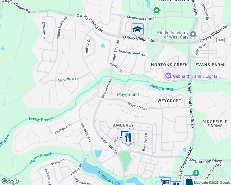 map of restaurants, bars, coffee shops, grocery stores, and more near 813 Bristol Bridge Drive in Cary