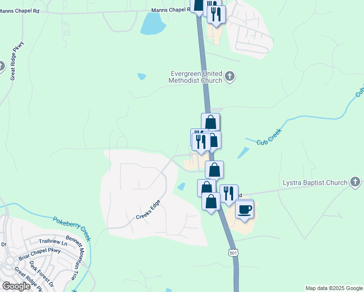 map of restaurants, bars, coffee shops, grocery stores, and more near 114 Polks Village Lane in Chapel Hill